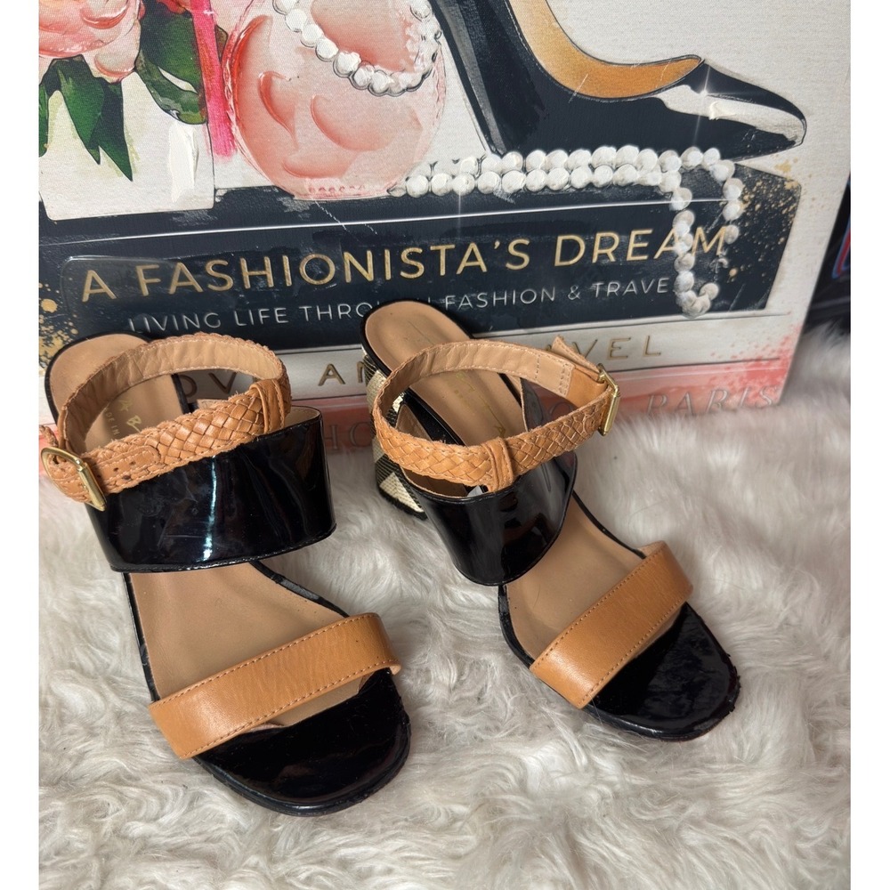 TABITA BRAZIL Tan Black Patent Chevron Block Heel Ankle Strap Sandals Size 8